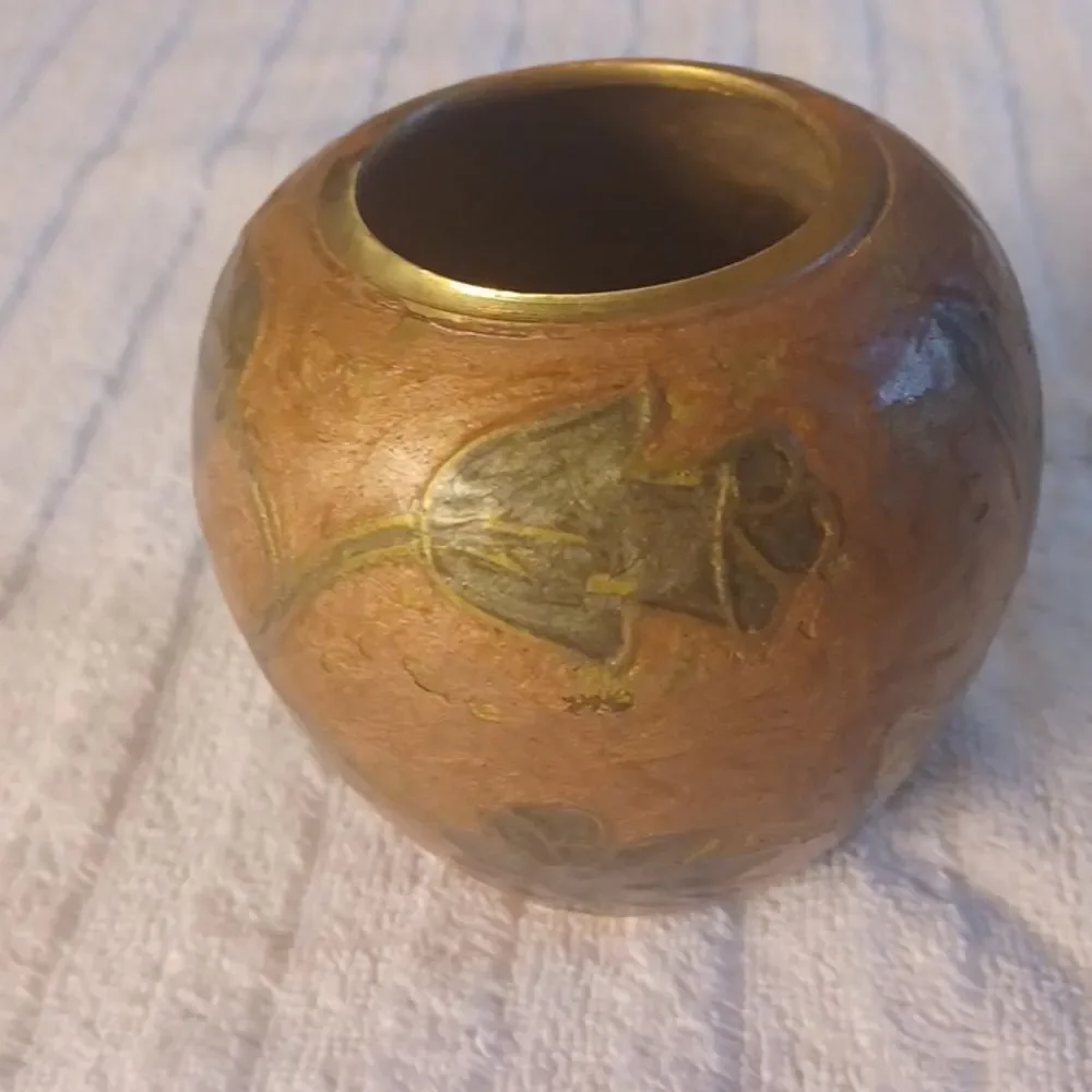 Brass Vase -Leaf Tray 80,Vintage Etched Floral Painted Group Of 2 One Price